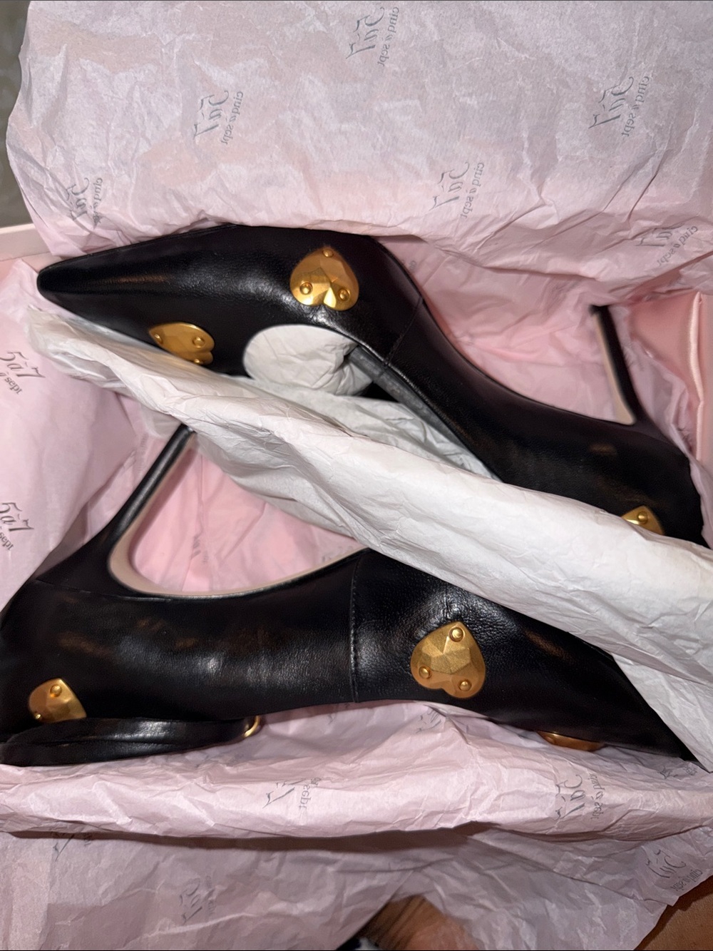 cinq a sept Black Leather Pointed-Toe Pumps with Gold Heart Studs